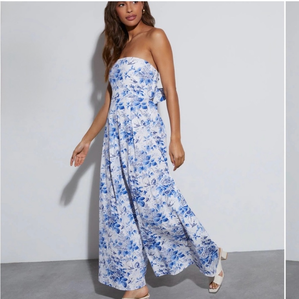 Floral Blue Strapless Wide Leg Jumpsuit - Picture 2 of 8